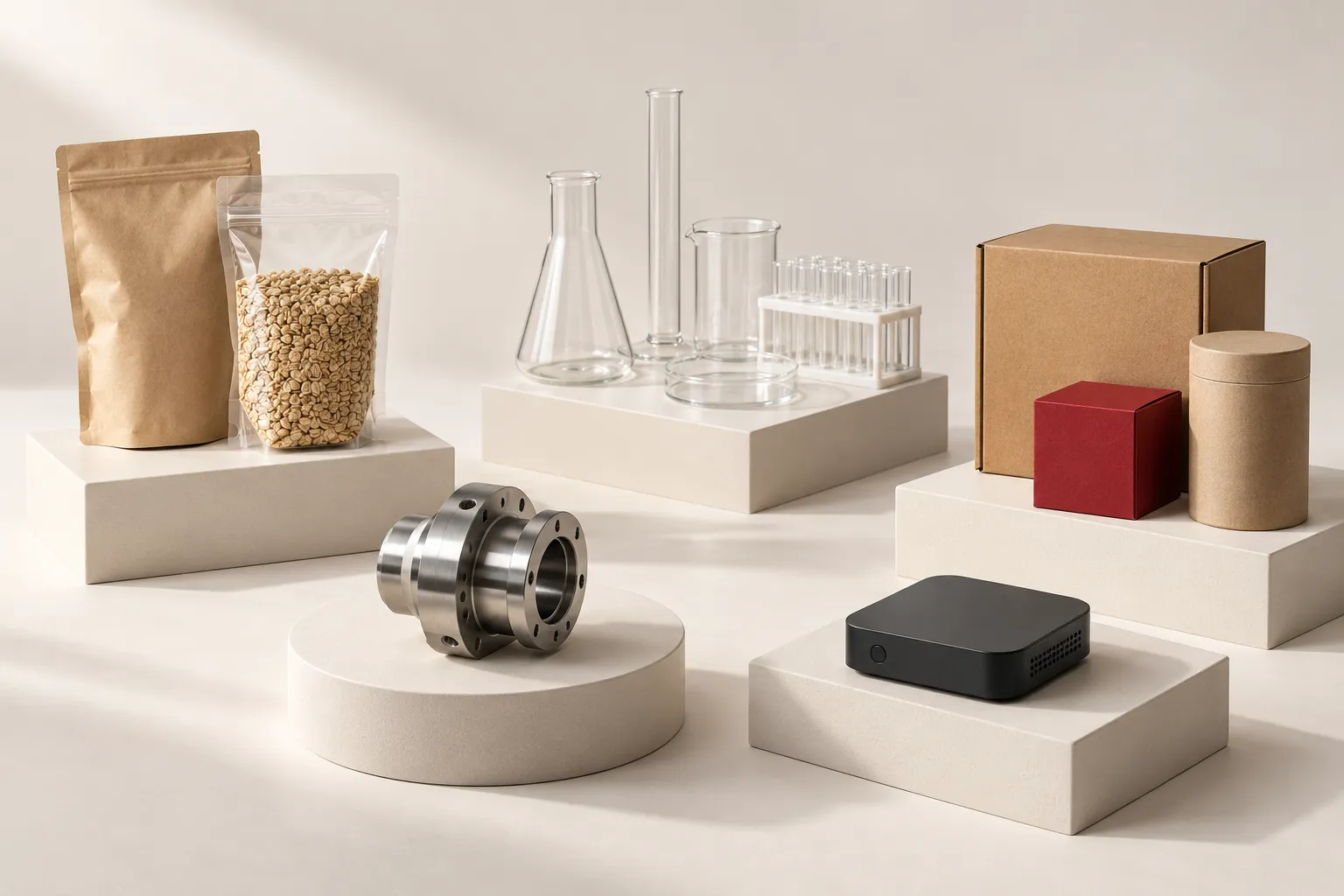 Illustrative composition of packaged foods, laboratory supplies, packaging and industrial components
